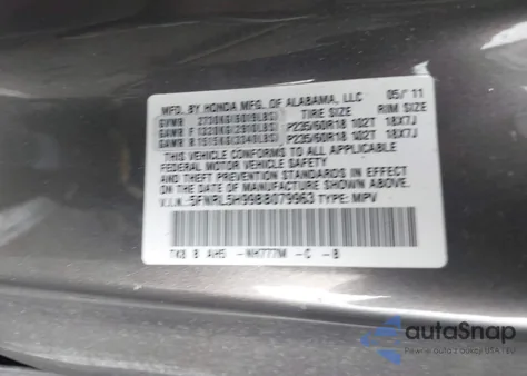 2011 Honda Odyssey Touring/Touring Elite z USA, uszkodzony, nr VIN 5FNRL5H99BB079963